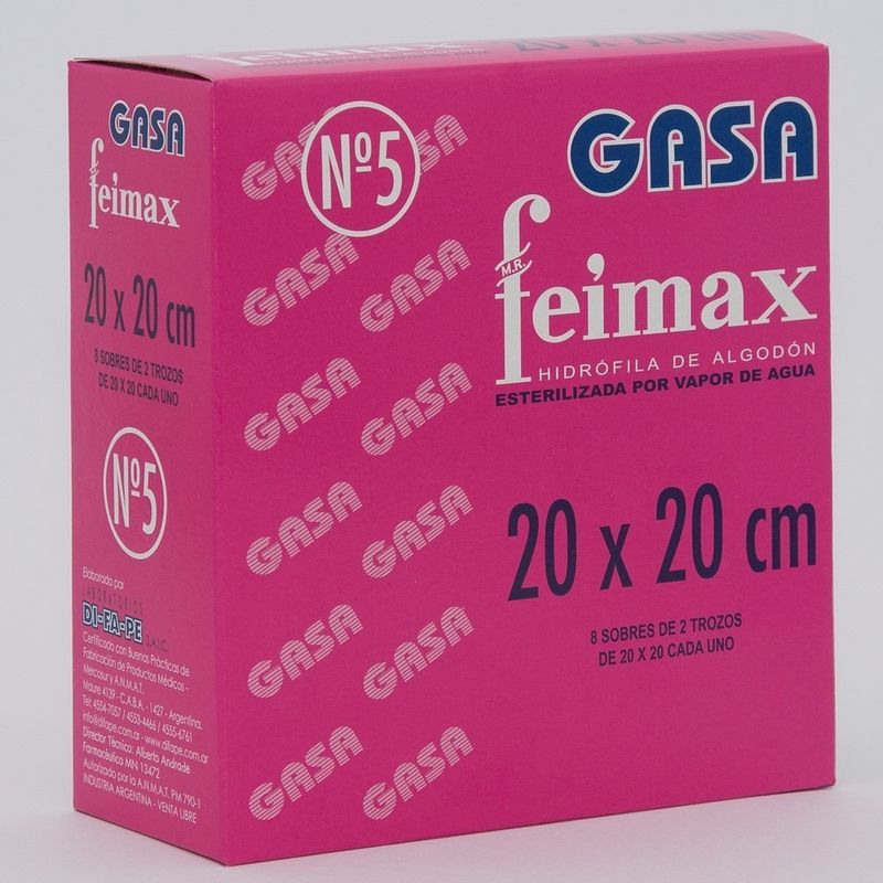 Feimax-Gasa-N5-Esteriles-20x20cm-8-Sobres-X-2-Trozos-en-FarmaPlus
