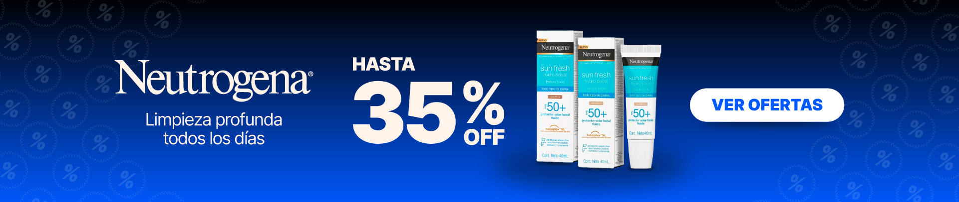 Banner de oferta Black Friday Neutrogena con hasta 35% OFF en protectores solares Sun Fresh FPS 50+.