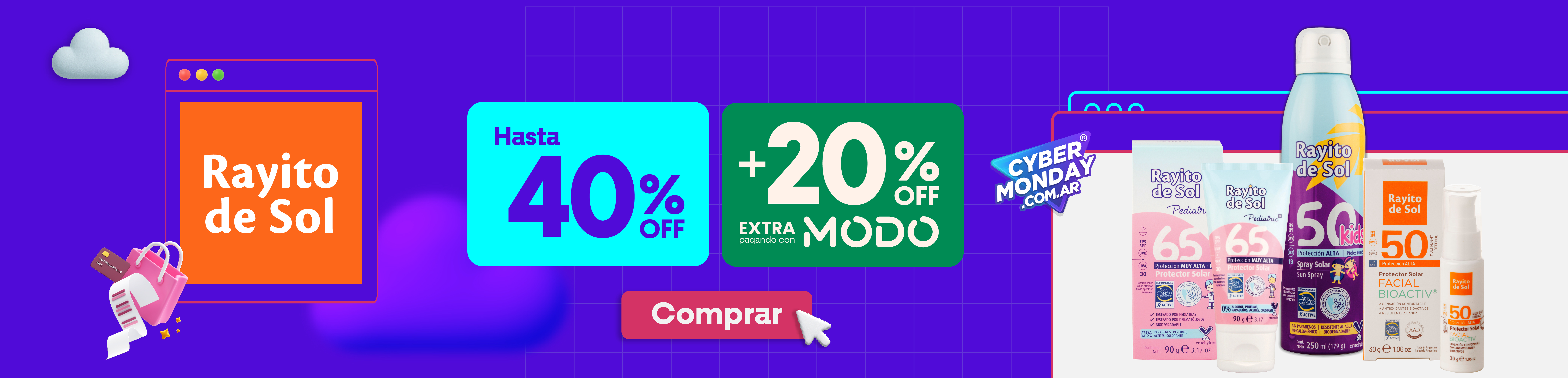 Banner Cyber Monday Rayito de Sol con hasta 40% OFF más 20% OFF extra pagando con MODO en protectores solares y autobronceantes.
