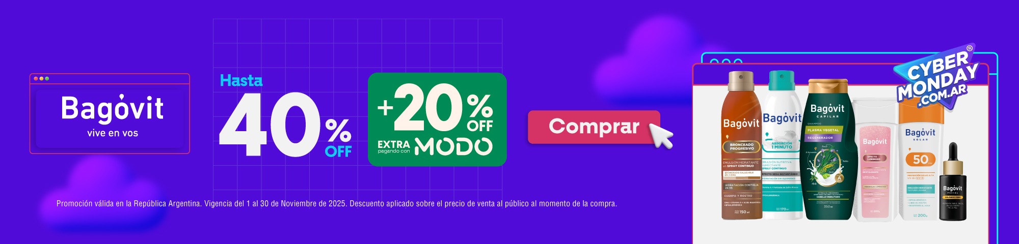 Banner Cyber Monday Bagóvit con hasta 40% OFF más 20% OFF extra pagando con MODO en productos como protectores solares y bronceadores.