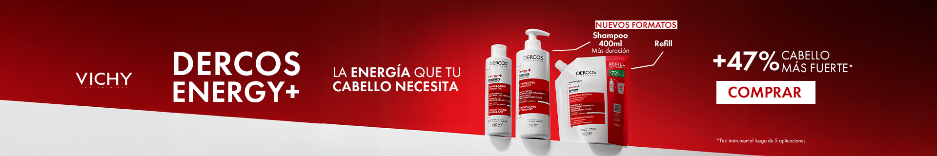 Vichy Dercos Energy+ shampoo y tratamiento capilar que fortalece el cabello hasta un 47% más fuerte