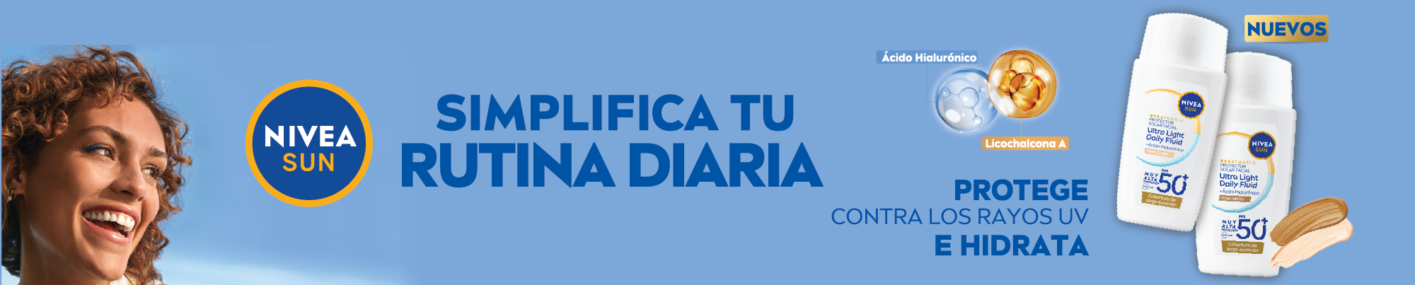 Nivea Sun Ultra Light Daily Fluid FPS 50+ con Ácido Hialurónico y Licochalcona A para uso diario
