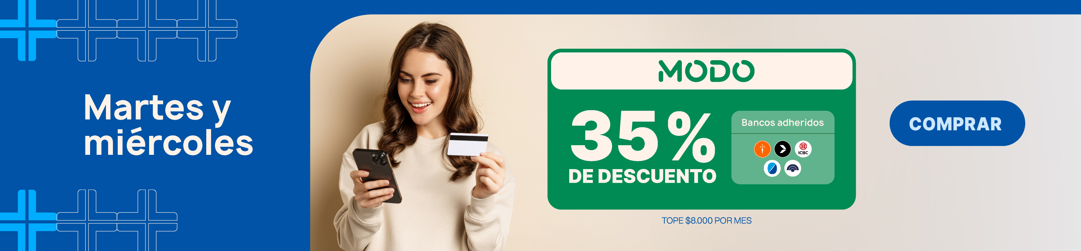 Banner promoción 35% de reintegro con MODO en Farmaplus, pagando con bancos adheridos