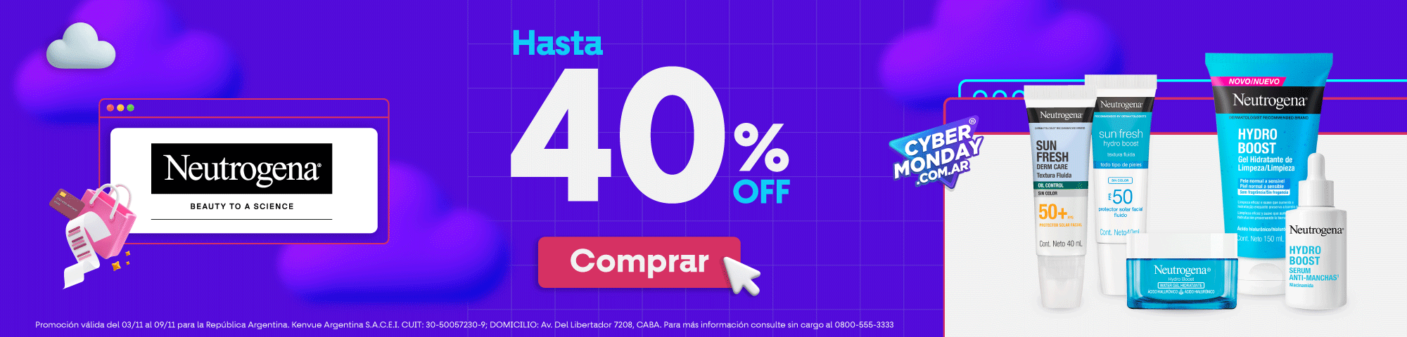 Banner Cyber Monday Neutrogena con hasta 40% OFF en productos como la línea Hydro Boost y protectores solares Sun Fresh.
