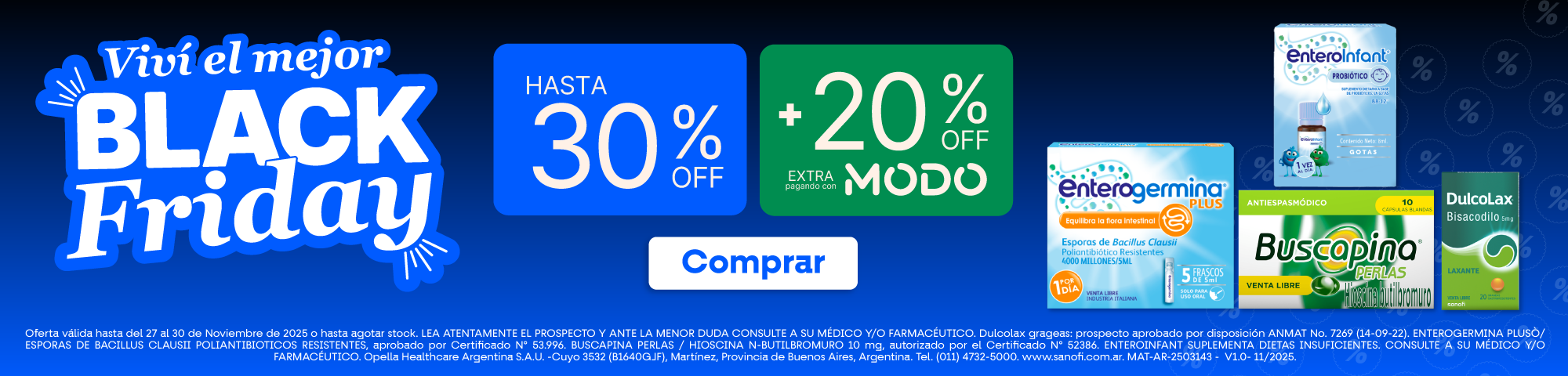 Banner Black Friday con hasta 30% OFF más 20% OFF extra con MODO en medicamentos y suplementos como Enterogermina y Buscapina.