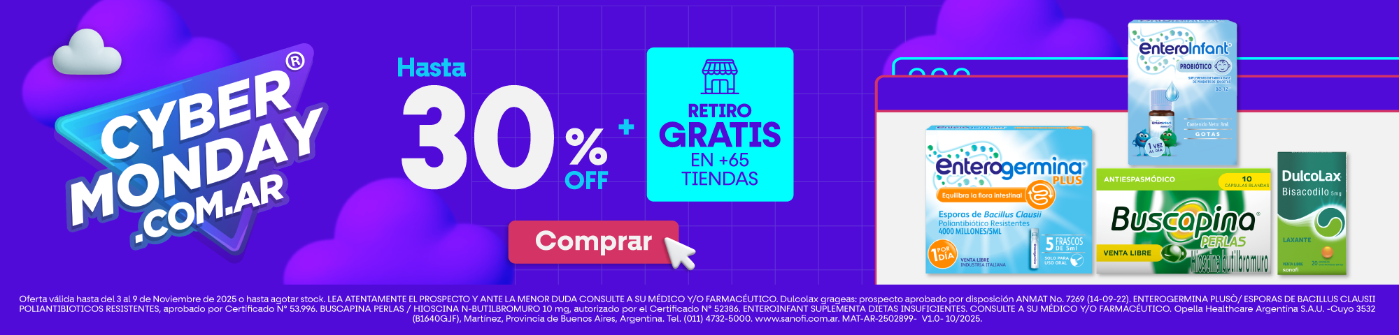 Banner Cyber Monday con 30% OFF y retiro gratis en productos de farmacia como Enterogermina, Dulcolax y Buscapina.