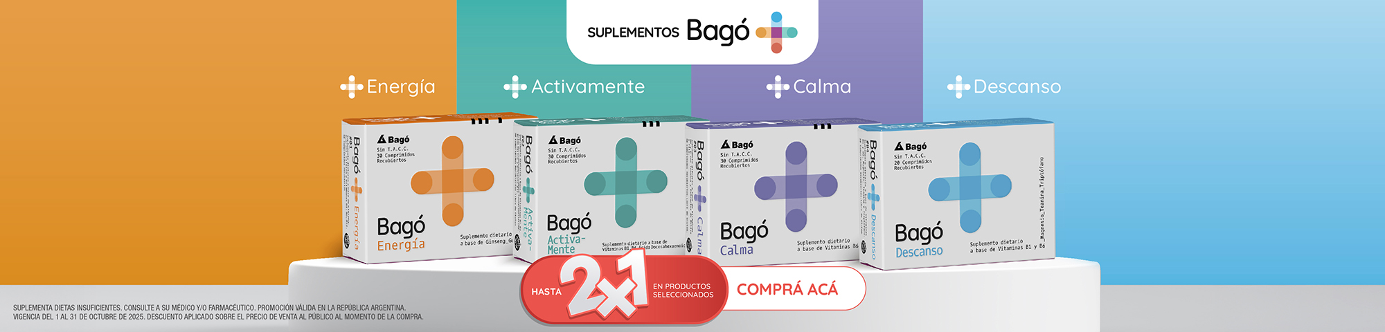 Suplementos Bagó Energía, Calma, Activamente y Descanso con promo 2x1